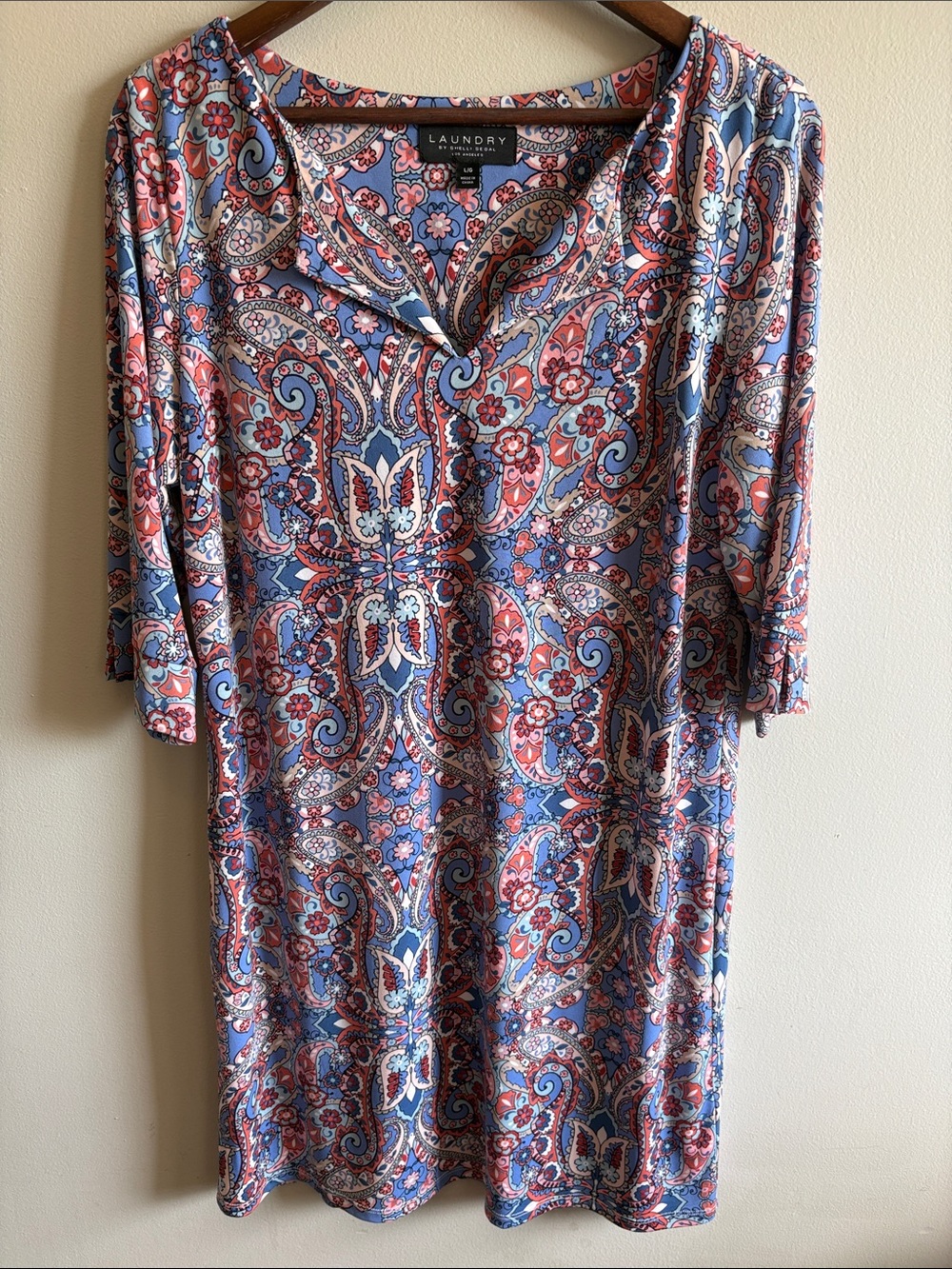 Laundry by Shelli Segal Paisley Floral Dress L Blue Pink Boho 3/4 Sleeve